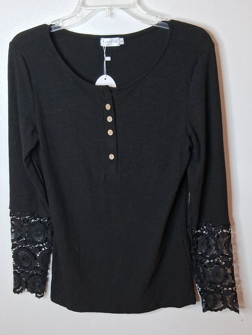 Kancystore Women's Size Small Black Ribbed Henley with Lace Cuffs. Minimalist
